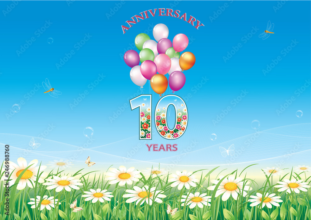 Fototapeta premium Birthday card 10 years with natural floral background and balloons
