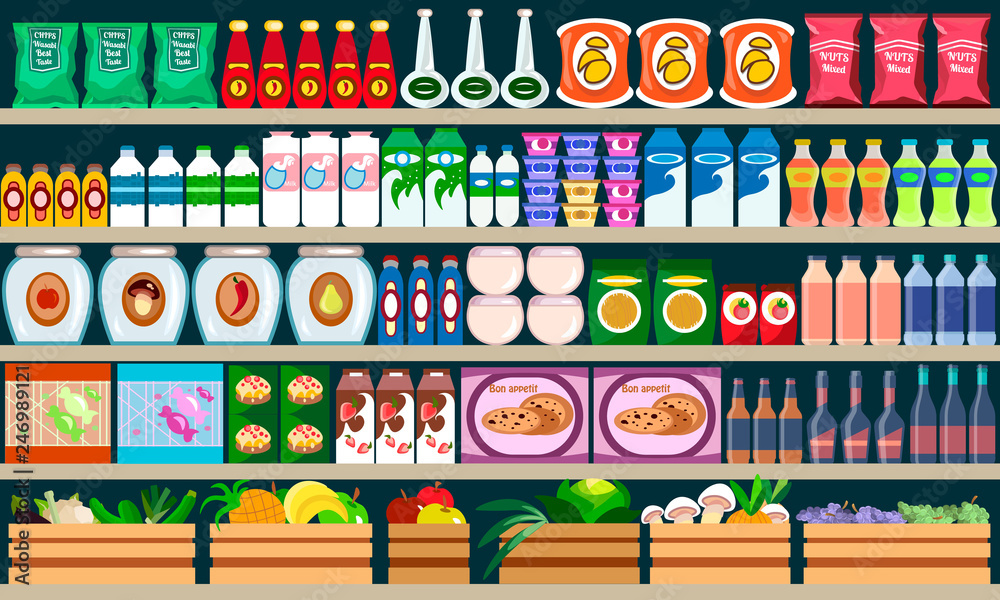 Supermarket shelves with assortment products and drinks. Vector grocery market interior