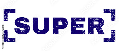 SUPER caption seal print with grunge texture. Text caption is placed inside corners. Blue vector rubber print of SUPER with unclean texture.