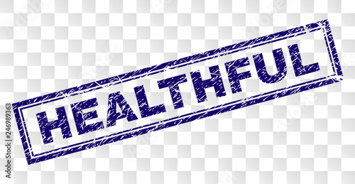 HEALTHFUL stamp seal watermark with rubber print style and double framed rectangle shape. Stamp is placed on a transparent background. Blue vector rubber print of HEALTHFUL title with unclean texture.