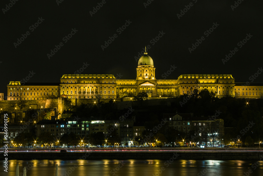 Buda Castle on the banks of the Danube River in Budapest at night. Hungary
