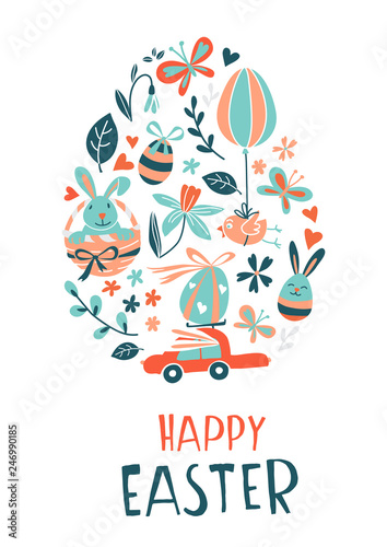 Funny Happy Easter eggs hunt greeting card cartoon style design.