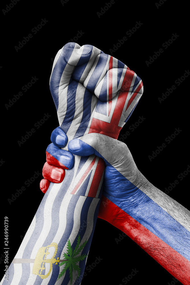 Fototapeta premium Russia VS British indian ocean territories, Fist painted in colors of British indian ocean territories flag, fist flag, country of British indian ocean territories