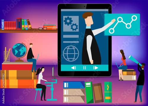 Online learning. E-learning webinar presentation concept. teacher businessman. Flat design isolated on white background. Vector illustration.