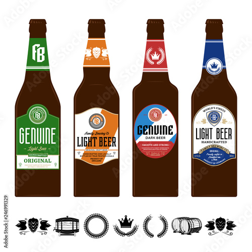 Vector beer labels on glass bottles