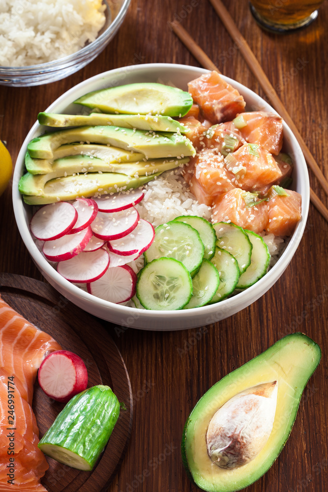 Poke bowl, traditional Hawaiian raw fish salad Poke bowl, traditional Hawaiian raw fish salad