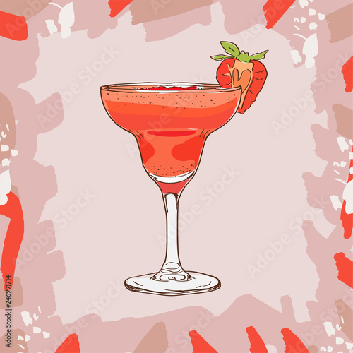 Strawberry daiquiri cocktail illustration. Alcoholic bar drink hand drawn vector. Pop art