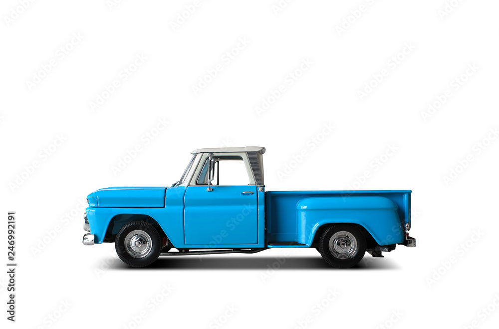 Retro blue pickup on a light background
