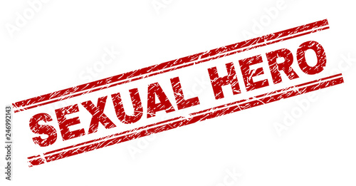 SEXUAL HERO seal print with grunge texture. Red vector rubber print of SEXUAL HERO text with unclean texture. Text tag is placed between double parallel lines.