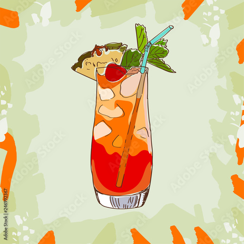 Mai Tai tropical classic cocktail illustration. Alcoholic bar drink hand drawn vector. Pop art