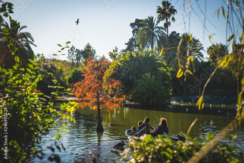 Barcelona, Spain - 24.11.2018: Beautiful day in Ciutadella Park, view of green trees and a boat with people in a small lake from the park photo