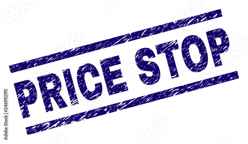 PRICE STOP seal print with grunge style. Blue vector rubber print of PRICE STOP text with unclean texture. Text label is placed between parallel lines.