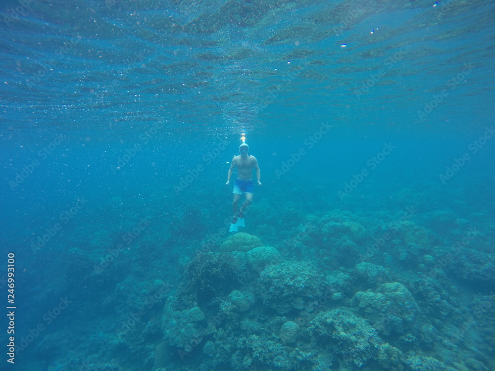 Snorkeling and underwater man