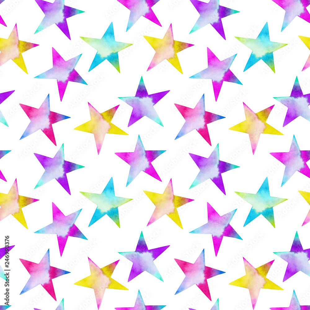 Watercolor colorful stars seamless pattern, hand painted on a white background