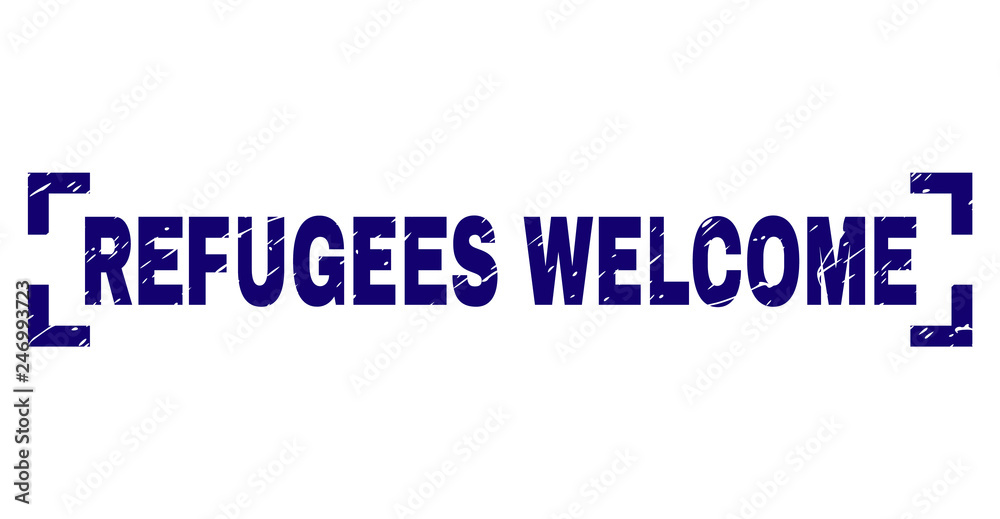 REFUGEES WELCOME tag seal print with corroded texture. Text tag is placed between corners. Blue vector rubber print of REFUGEES WELCOME with dirty texture.