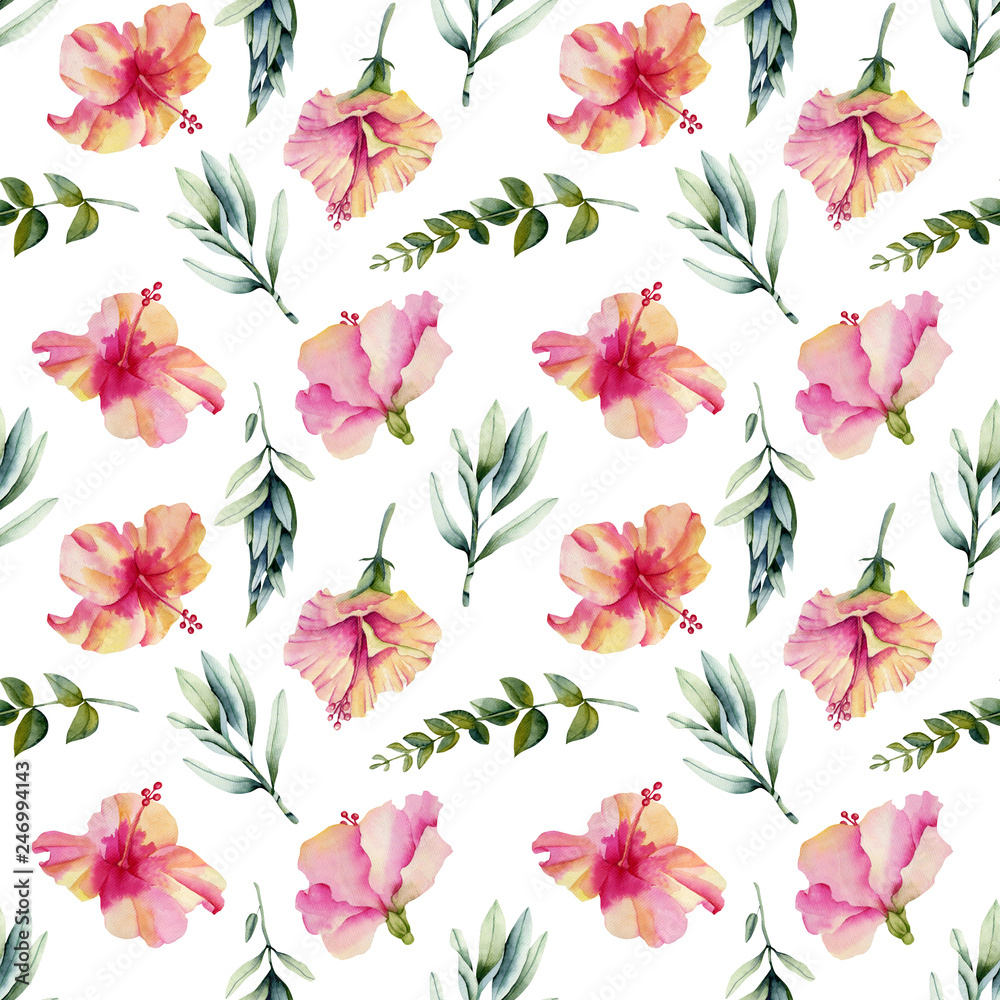 Watercolor hibiscus flowers, green branches and leaves seamless pattern, hand painted on a white background