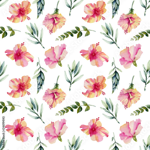 Watercolor hibiscus flowers, green branches and leaves seamless pattern, hand painted on a white background