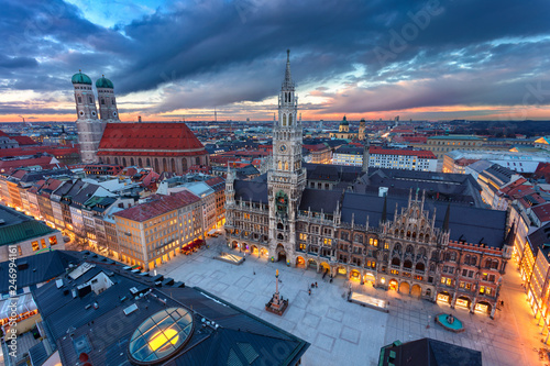 Munich. Aerial cityscape image of downtown Munich, Germany with Marienplatz during sunset. photo