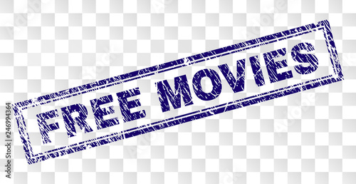 FREE MOVIES stamp seal print with rubber print style and double framed rectangle shape. Stamp is placed on a transparent background.