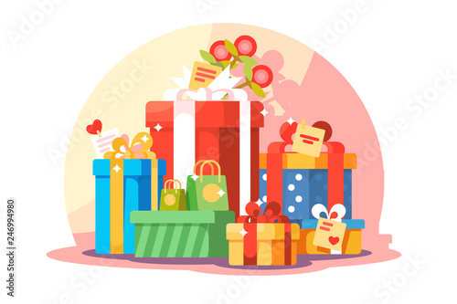 Big mountain of bright colorful wrapped gift boxes