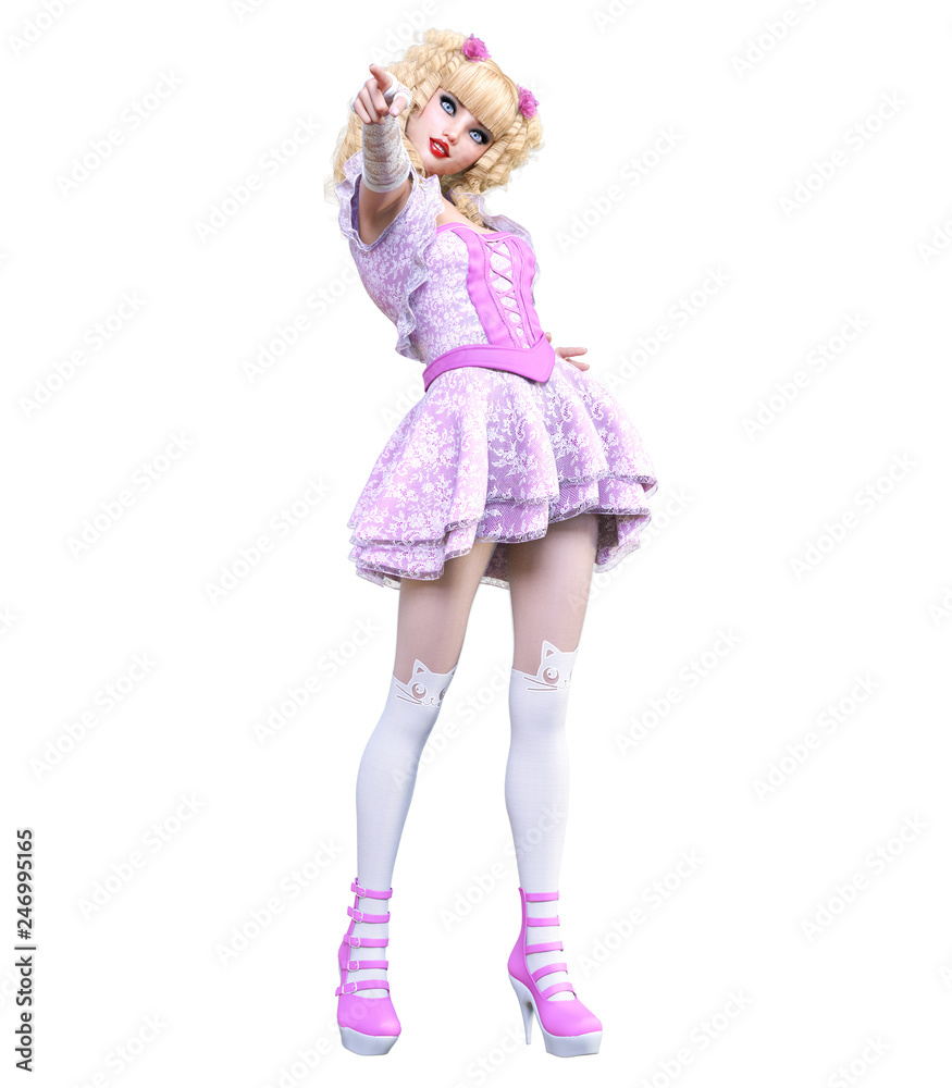 Young beautiful goth girl with doll face posing photo shoot. Short pink dress, stockings, shoes. Long blonde hair. Bright goth make up. Conceptual fashion art. Realistic 3D render illustration. Young beautiful goth girl with doll face posing photo shoot. Short pink dress, stockings, shoes. Long blonde hair. Bright goth make up. Conceptual fashion art. Realistic 3D render illustration.