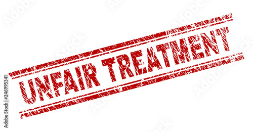 UNFAIR TREATMENT seal print with grunge texture. Red vector rubber print of UNFAIR TREATMENT label with scratched texture. Text title is placed between double parallel lines.