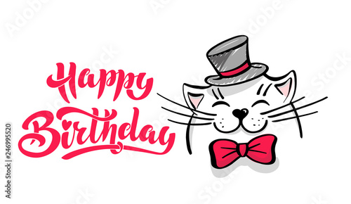 Kawaii A Contented White Cat With A Hat And Bow Tie Lettering Happy Birthday Greeting Card Drawing For Your Design Hand Drawn Vector Illustration Cartoon Style Stock Vector Adobe Stock