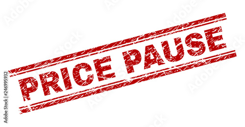 PRICE PAUSE seal print with corroded texture. Red vector rubber print of PRICE PAUSE text with scratched texture. Text label is placed between double parallel lines.