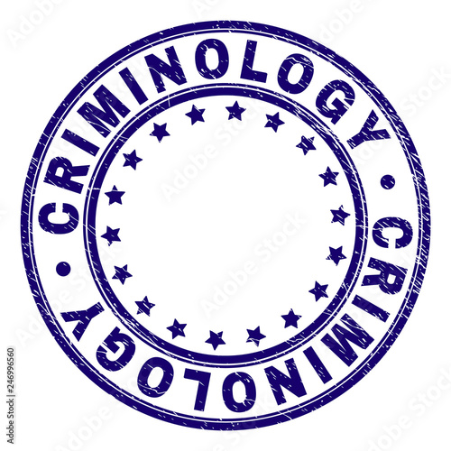 CRIMINOLOGY stamp seal imprint with distress texture. Designed with circles and stars. Blue vector rubber print of CRIMINOLOGY tag with scratched texture.