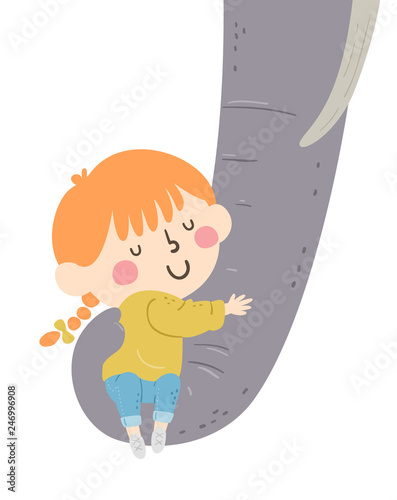 Kid Girl Hug Elephant Trunk...