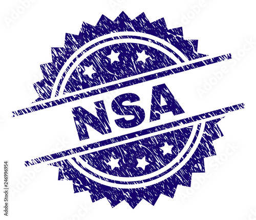 NSA stamp seal watermark with distress style. Blue vector rubber print of NSA label with scratched texture.