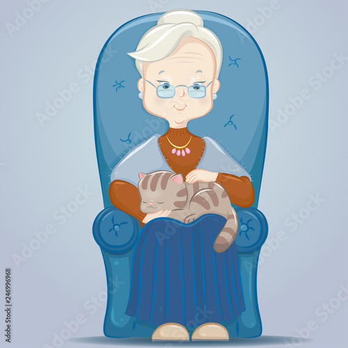 Grandmother with a cat on a chair