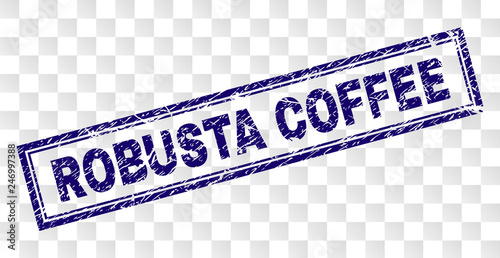 ROBUSTA COFFEE stamp seal watermark with rubber print style and double framed rectangle shape. Stamp is placed on a transparent background.