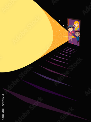 Stickman Kids Door Stairs Flashlight Illustration