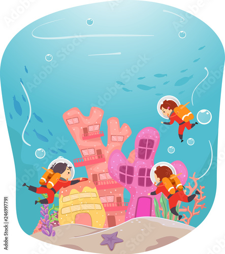 Stickman Kids Explore Underwater Buildings