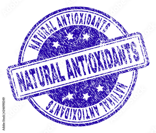 NATURAL ANTIOXIDANTS stamp seal imprint with grunge texture. Designed with rounded rectangles and circles. Blue vector rubber print of NATURAL ANTIOXIDANTS label with retro texture.