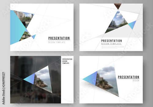 The minimalistic abstract vector layout of the presentation slides design business templates. Creative modern background with blue triangles and triangular shapes. Simple design decoration.