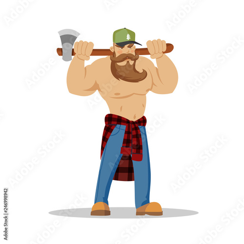 Lumberjack brutal bearded man in red checkered shirt with axe in hands. Woodcutter. Wanderlust, hiking and travel concept. Worker lumber with wood, character cartoon woodcutter on the white background