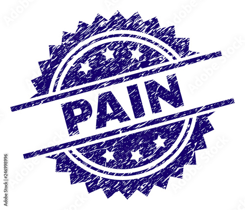 PAIN stamp seal watermark with distress style. Blue vector rubber print of PAIN title with dust texture.