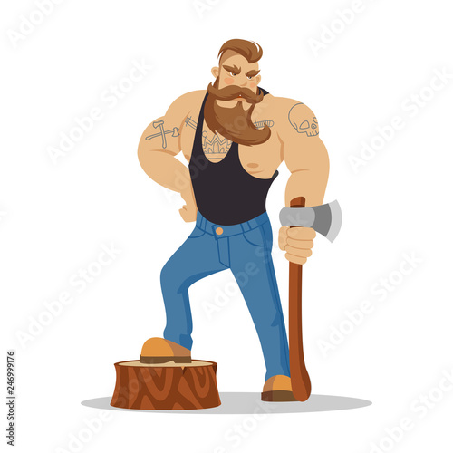 Lumberjack brutal bearded man in red checkered shirt with axe in hands. Woodcutter. Wanderlust, hiking and travel concept. Worker lumber with wood, character cartoon woodcutter on the white background