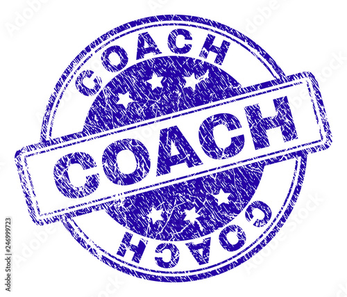 COACH stamp seal imprint with distress texture. Designed with rounded rectangles and circles. Blue vector rubber print of COACH label with dirty texture.