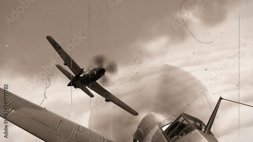 Dogfight - Air combat between two propeller military fighter aircrafts from the WW2 - old vintage movie loock