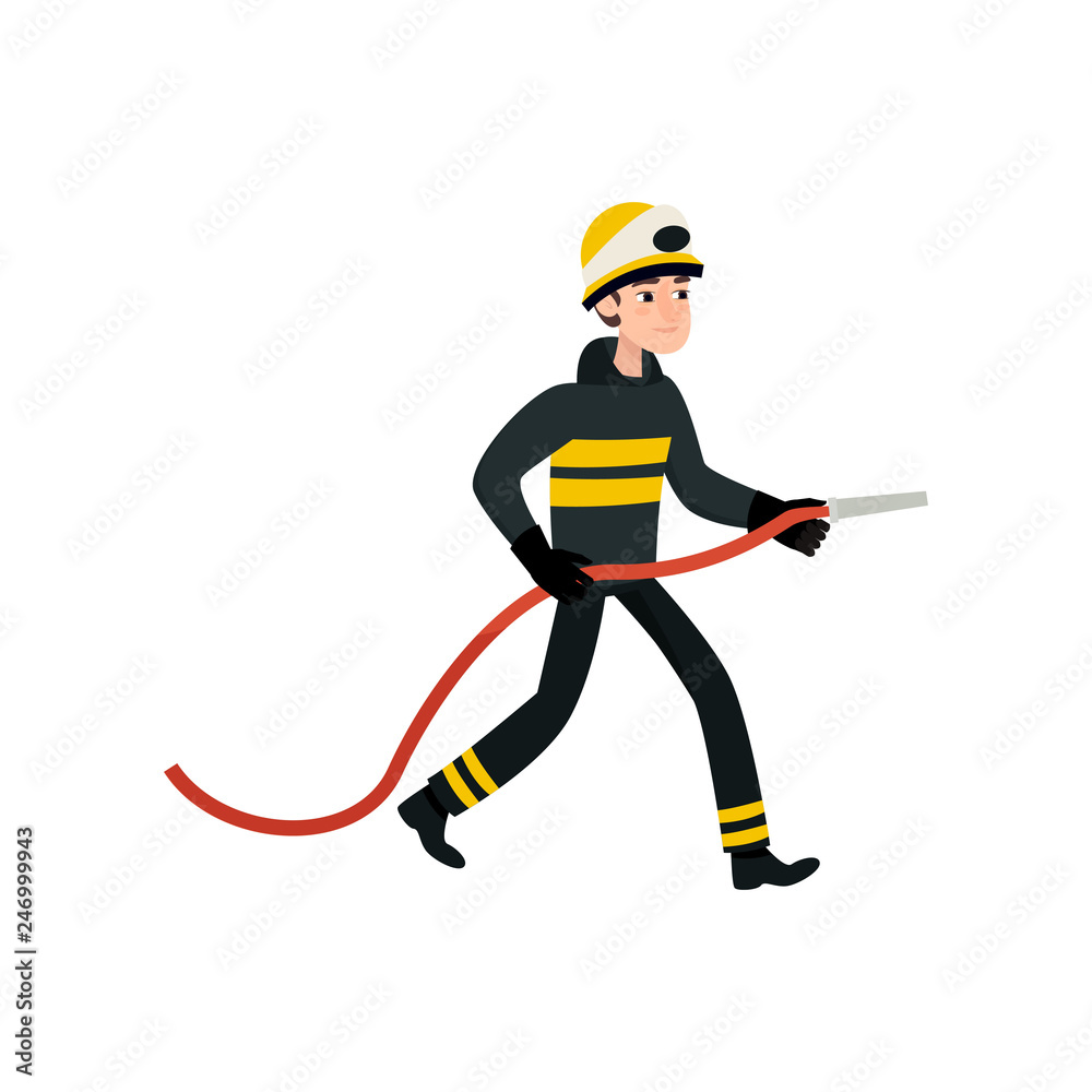 Firefighter Wearing Black Protective Uniform and Helmet with Fire Hose, Professional Male Freman Character Doing His Job Vector Illustration