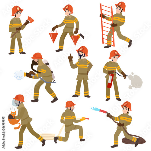 Boy Firefighter Wearing Protective Uniform and Helmet with Equipment Set, Freman Character Doing His Job Vector Illustration