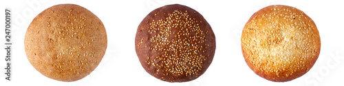 Photos Set of freshly baked round sesame buns isolated on white background