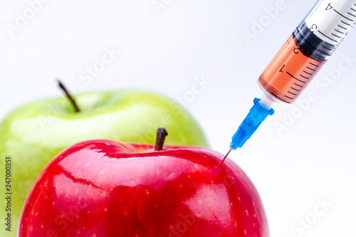 Pesticides and nitrates are injected into a red and green apple with a syringe. Gmo concept and genetically modified organism. Gmo free and natural fruits without chemical additives.