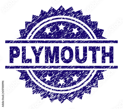 PLYMOUTH stamp seal watermark with distress style. Blue vector rubber print of PLYMOUTH tag with unclean texture.