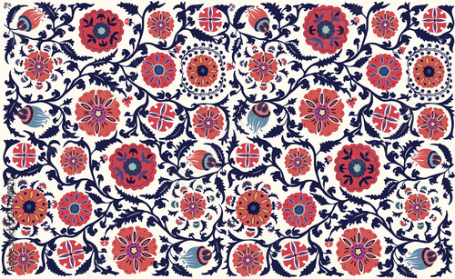 Vector floral seamless pattern. Uzbek suzani national ornament for textile embroidery. Arabic, Indian, Turkish style flowers background. Bohemian ornament for taps.