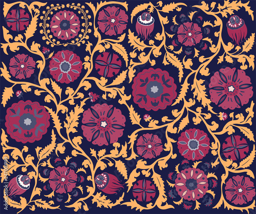 Wallpaper Mural Vector floral seamless pattern. Uzbek suzani national ornament for textile embroidery. Arabic, Indian, Turkish style flowers background. Bohemian ornament for taps. Torontodigital.ca