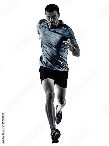 one caucasian man runner jogger running jogging isolated on white background with shadows © snaptitude